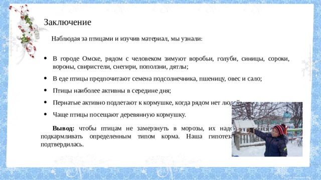 Заключение  Наблюдая за птицами и изучив материал, мы узнали : В городе Омске, рядом с человеком зимуют воробьи, голуби, синицы, сороки, вороны, свиристели, снегири, поползни, дятлы; В еде птицы предпочитают семена подсолнечника, пшеницу, овес и сало; Птицы наиболее активны в середине дня; Пернатые активно подлетают к кормушке, когда рядом нет людей; Чаще птицы посещают деревянную кормушку. Вывод: чтобы птицам не замерзнуть в морозы, их надо подкармливать определенным типом корма. Наша гипотеза подтвердилась. 