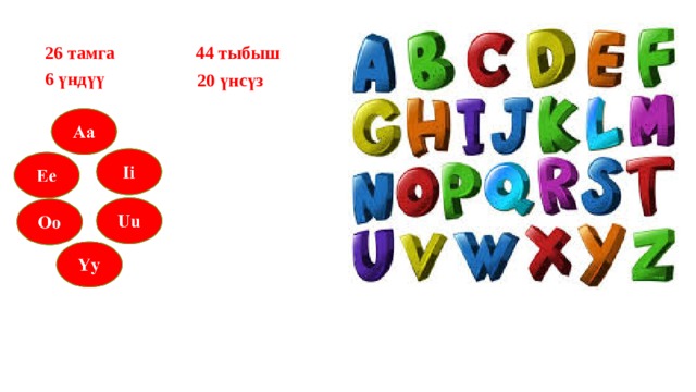 26 тамга 44 тыбыш 6 үндүү 20 үнсүз 
