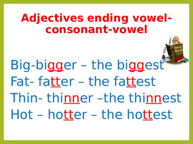 Adjectives ending vowel-consonant-vowel Big-bi gg er  –  the bi gg est Fat- fa tt er –  the fa tt est Thin- thi nn er –the thi nn est Hot – ho tt er – the ho tt est  