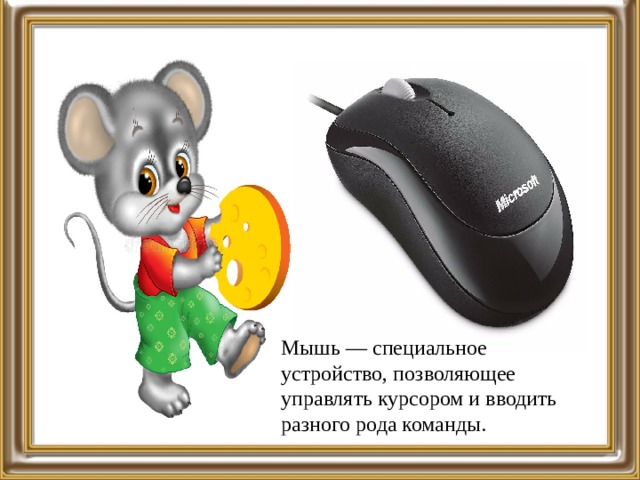Мышь ― специальное устройство, позволяющее управлять курсором и вводить разного рода команды. 