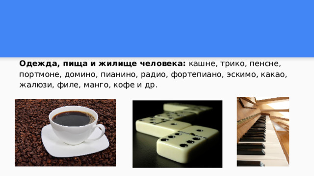 Одежда, пища и жилище человека: кашне, трико, пенсне, портмоне, домино, пианино, радио, фортепиано, эскимо, какао, жалюзи, филе, манго, кофе и др.  