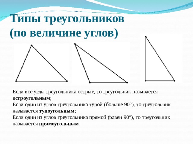 Типы треугольников  (по величине углов) Если все углы треугольника острые, то треугольник называется остроугольным ; Если один из углов треугольника тупой  (больше 90°), то треугольник называется тупоугольным ; Если один из углов треугольника прямой (равен 90°), то треугольник называется прямоугольным . 
