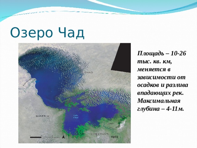 Озеро Чад Площадь – 10-26 тыс. кв. км, меняется в зависимости от осадков и разлива впадающих рек. Максимальная глубина – 4-11м. 