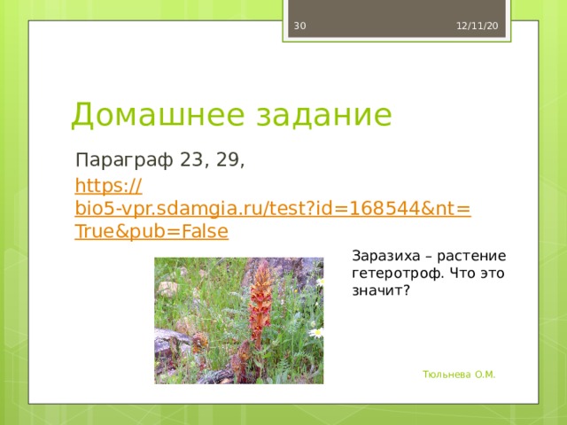 12/11/20  Домашнее задание Параграф 23, 29, https:// bio5-vpr.sdamgia.ru/test?id=168544&nt=True&pub=False Заразиха – растение гетеротроф. Что это значит? Тюльнева О.М. 