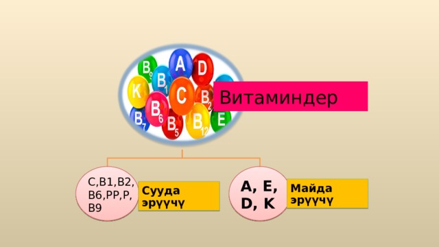 Витаминдер A, E, D, K C,B1,B2, B6,PP,P, B9 Майда эрүүчү Сууда эрүүчү 