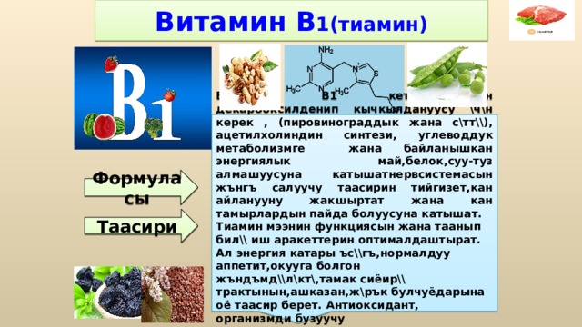 Витамин В 1(тиамин) Витамин B1 кетокислотанын декарбоксилденип кычкылдануусу \ч\н керек , (пировинограддык жана с\тт\\), ацетилхолиндин синтези, углеводдук метаболизмге жана байланышкан энергиялык май,белок,суу-туз алмашуусуна катышатнервсистемасын жънгъ салуучу таасирин тийгизет,кан айланууну жакшыртат жана кан тамырлардын пайда болуусуна катышат. Тиамин мээнин функциясын жана таанып бил\\ иш аракеттерин оптималдаштырат. Ал энергия катары ъс\\гъ,нормалдуу аппетит,окууга болгон жъндъмд\\л\кт\,тамак сиёир\\ трактынын,ашказан,ж\рък булчуёдарына оё таасир берет. Антиоксидант, организмди бузуучу картаюга,тамеки.алкогольго таасир этет. Формуласы Таасири 