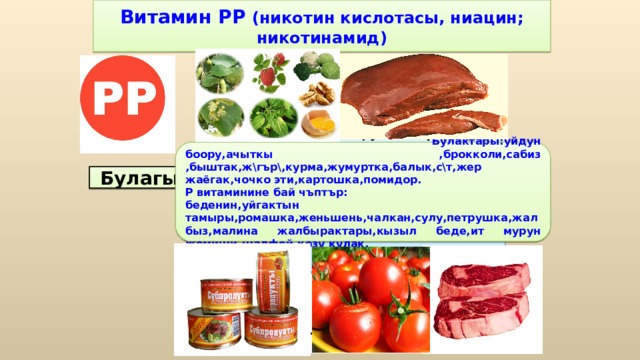 Витамин PP (никотин кислотасы, ниацин; никотинамид) Ниацин активизирует «работу» большой группы ферментов (дегидрогеназ), участвующих в окислительно- востановительных реакциях, которые протекают в клетках. Никотинамидные коферменты играют важную роль в тканевом дыхании.  Булактары:уйдун боору,ачыткы ,брокколи,сабиз ,быштак,ж\гър\,курма,жумуртка,балык,с\т,жер жаёгак,чочко эти,картошка,помидор. Р витаминине бай чъптър: беденин,уйгактын тамыры,ромашка,женьшень,чалкан,сулу,петрушка,жалбыз,малина жалбырактары,кызыл беде,ит мурун жемиши,шалфей,козу кулак. Булагы 