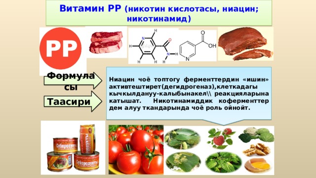 Витамин PP (никотин кислотасы, ниацин; никотинамид) Ниацин чоё топтогу ферменттердин «ишин» активтештирет(дегидрогеназ),клеткадагы кычкылдануу-калыбынакел\\ реакцияларына катышат. Никотинамиддик коферменттер дем алуу ткандарында чоё роль ойнойт. Формуласы Таасири 