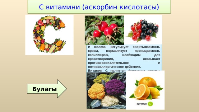 С витамини (аскорбин кислотасы) Витамин С - мощный антиоксидант. Он играет важную роль в регуляции окислительно-восстановительных процессов, участвует в синтезе коллагена и проколлагена, обмене фолиевой кислоты и железа, регулирует свертываемость крови, нормализует проницаемость капилляров, необходим для кроветворения, оказывает противовоспалительное и потивоаллергическое действие. Витамин С является фактором защиты организма oт последствий стресса, улучшает способность организма усваивать кальций и железо, выводить токсичные медь, свинец и ртуть. Булагы 