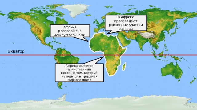 В Африке преобладают равнинные участки рельефа Африка расположена между тропиками Экватор Африка является единственным континентом, который находится в пределах жаркого пояса  
