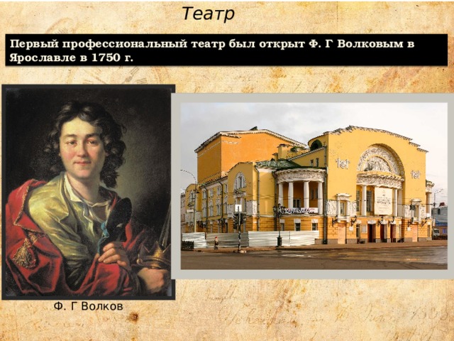 Театр Первый профессиональный театр был открыт Ф. Г Волковым в Ярославле в 1750 г. Ф. Г Волков  