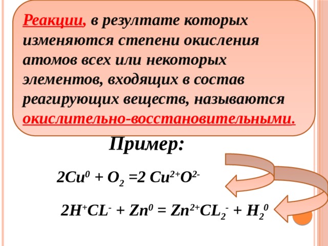 Реакции , в резултате которых изменяются степени окисления атомов всех или некоторых элементов, входящих в состав реагирующих веществ, называются окислительно-восстановительными . Пример: 2Cu 0 + O 2 =2 Cu 2+ O 2- 2H + CL - + Zn 0 = Zn 2+ CL 2 - + H 2 0 