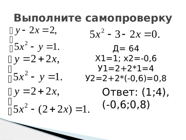Выполните самопроверку Д= 64 Х1=1; х2=-0,6 У1=2+2*1=4 У2=2+2*(-0,6)=0,8 Ответ: (1;4), (-0,6;0,8)