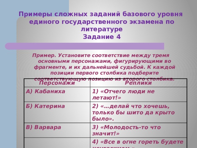 Примеры сложных заданий базового уровня  единого государственного экзамена по литературе  Задание 4 Пример. Установите соответствие между тремя основными персонажами, фигурирующими во фрагменте, и их дальнейшей судьбой. К каждой позиции первого столбика подберите соответствующую позицию из второго столбика. Персонажи А) Кабаниха Реплики Б) Катерина 1) «Отчего люди не летают!» 2) «…делай что хочешь, только бы шито да крыто было». В) Варвара 3) «Молодость-то что значит!» 4) «Все в огне гореть будете неугасимом.» 