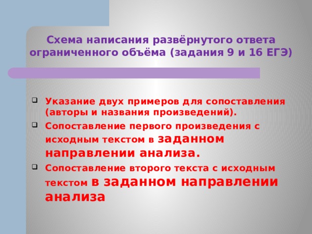 Схема написания развёрнутого ответа ограниченного объёма (задания 9 и 16 ЕГЭ) Указание двух примеров для сопоставления (авторы и названия произведений). Сопоставление первого произведения с исходным текстом в заданном направлении анализа. Сопоставление второго текста с исходным текстом в заданном направлении анализа 