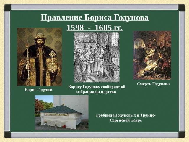 Правление Бориса Годунова  1598 - 1605 гг. Смерть Годунова Борису Годунову сообщают об избрании на царство Борис Годунов Гробница Годуновых в Троице-Сергиевой лавре 