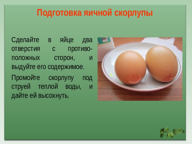 Подготовка яичной скорлупы    Сделайте в яйце два отверстия с противо-положных сторон, и выдуйте его содержимое. Промойте скорлупу под струей теплой воды, и дайте ей высохнуть. 