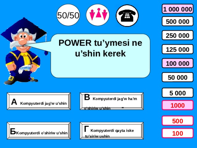 50/50 1 000 000 500 000 250 000 POWER tu’ymesi ne u’shin kerek 125 000 100 000 50 000 5 000 В Kompyuterdi jag’w ha’m А  Kompyuterdi jag’w u’shin o’shiriw u’shin - 1000 500 500 Б Kompyuterdi o’shiriw u’shin Г  Kompyuterdi qayta iske  tu’siriw ushin 100 100 