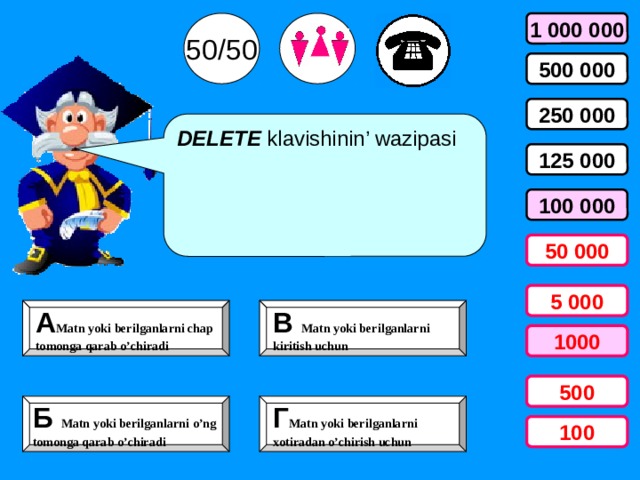 50/50 1 000 000 500 000 250 000 DELETE klavishinin’ wazipasi 125 000 100 000 50 000 5 000 А Matn yoki berilganlarni chap В Matn yoki berilganlarni tomonga qarab o’chiradi kiritish uchun 1000 500 Б Matn yoki berilganlarni o’ng Г Matn yoki berilganlarni tomonga qarab o’chiradi xotiradan o’chirish uchun 100 