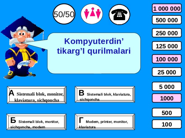 50/50 1 000 000 500 000 250 000 Kompyuterdin’ tikarg’I qurilmalari 125 000 100 000 25 000 5 000 А Sistemali blok, monitor, В Sistemali blok, klaviatura, klaviatura, sichqoncha  sichqoncha 1000 500 Б Sistemali blok, monitor, Г Modem, printer, monitor, sichqoncha, modem klaviatura 100 