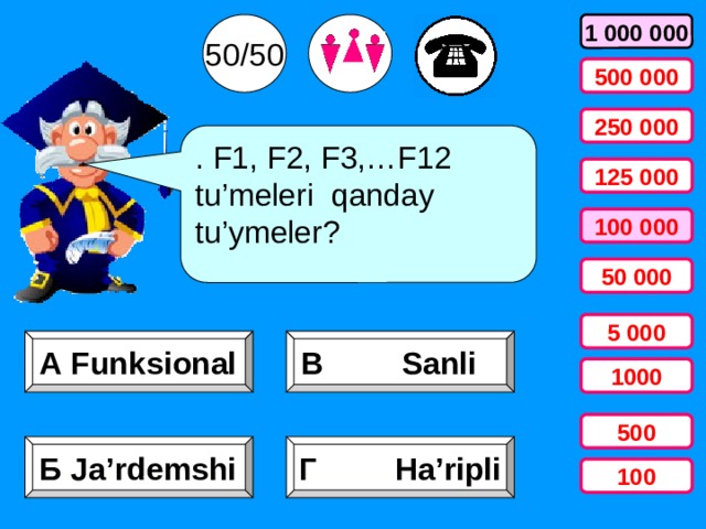 50/50 1 000 000 500 000 250 000 . F1, F2, F3,…F12 tu’meleri qanday tu’ymeler? 125 000 100 000 50 000 5 000 А Funksional В Sanli 1000 500 Б Ja’rdemshi Г Ha’ripli 100 