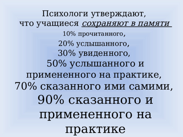  Психологи утверждают, что учащиеся сохраняют в памяти  10% прочитанного ,  20% услышанного ,  30% увиденного,  50% услышанного и примененного на практике,  70% сказанного ими самими,  90% сказанного и примененного на практике  