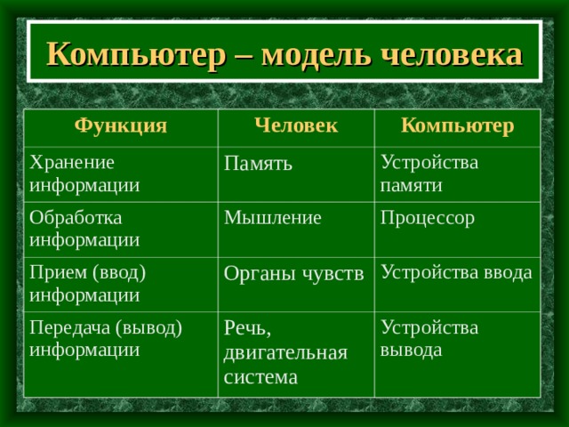 Компьютер – модель человека Функция Человек Хранение информации Компьютер Память Обработка информации Мышление Устройства памяти Прием (ввод) информации Процессор Органы чувств Передача (вывод) информации Речь, двигательная система Устройства ввода Устройства вывода 