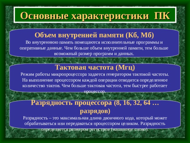 Основные характеристики ПК Объем внутренней памяти (Кб, Мб) Во внутреннюю память помещаются исполнительные программы и оперативные данные. Чем больше объем внутренней памяти, тем больше возможный размер программ и данных. Тактовая частота (Мгц) Режим работы микропроцессора задается генератором тактовой частоты. На выполнение процессором каждой операции отводится определенное количество тактов. Чем больше тактовая частота, тем быстрее работает процессор. Разрядность процессора (8, 16, 32, 64 … разрядов) Разрядность – это максимальная длина двоичного кода, который может обрабатываться или передаваться процессором целиком. Разрядность определяется размером регистров (машинное слово). 