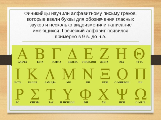 Финикийцы научили алфавитному письму греков, которые ввели буквы для обозначения гласных звуков и несколько видоизменили написание имеющихся. Греческий алфавит появился примерно в 9 в. до н.э.   