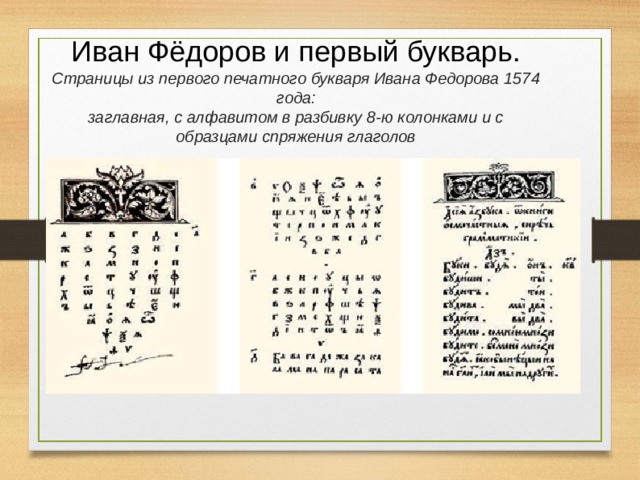 Иван Фёдоров и первый букварь.  Страницы из первого печатного букваря Ивана Федорова 1574 года:  заглавная, с алфавитом в разбивку 8-ю колонками и с образцами спряжения глаголов 