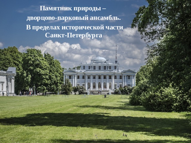 Памятник природы – дворцово-парковый ансамбль.  В пределах исторической части Санкт-Петербурга 