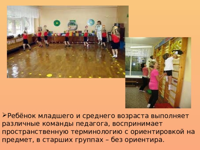 Ребёнок младшего и среднего возраста выполняет различные команды педагога, воспринимает пространственную терминологию с ориентировкой на предмет, в старших группах – без ориентира. 