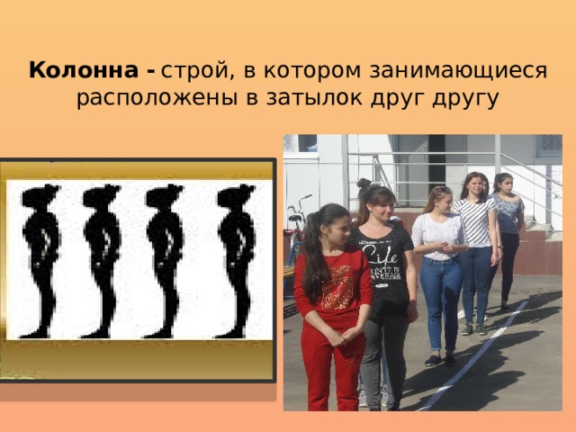Колонна -  строй, в котором занимающиеся расположены в затылок друг другу 