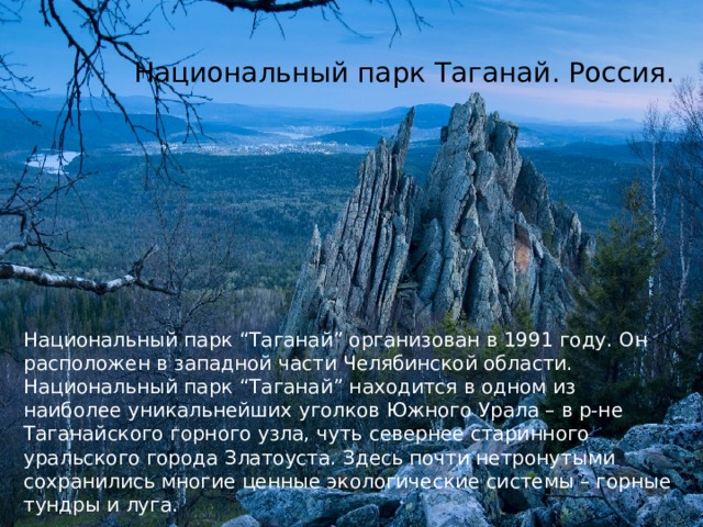 Национальный парк Таганай. Россия. Национальный парк “Таганай” организован в 1991 году. Он расположен в западной части Челябинской области. Национальный парк “Таганай” находится в одном из наиболее уникальнейших уголков Южного Урала – в р-не Таганайского горного узла, чуть севернее старинного уральского города Златоуста. Здесь почти нетронутыми сохранились многие ценные экологические системы – горные тундры и луга. 