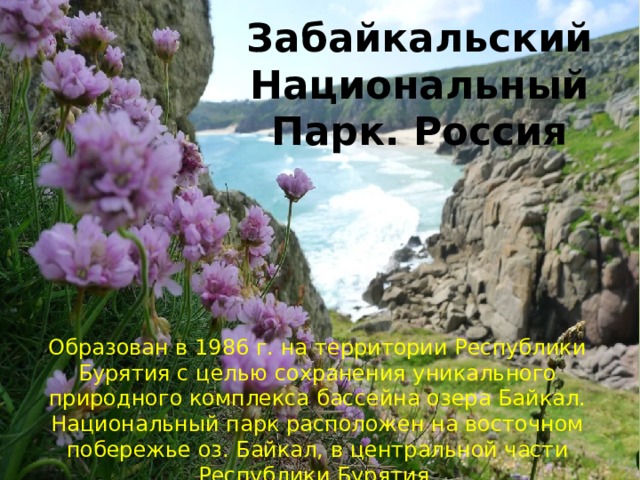 Забайкальский Национальный Парк. Россия Образован в 1986 г. на территории Республики Бурятия с целью сохранения уникального природного комплекса бассейна озера Байкал. Национальный парк расположен на восточном побережье оз. Байкал, в центральной части Республики Бурятия. 