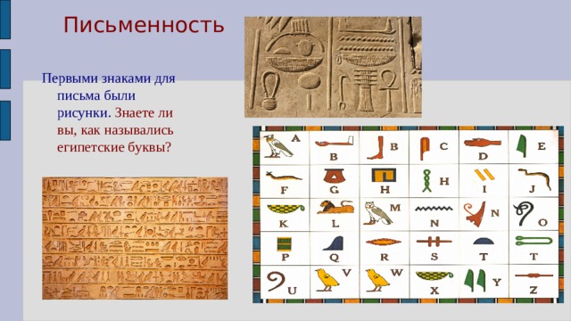 Письменность Первыми знаками для письма были рисунки. Знаете ли вы, как назывались египетские буквы? 