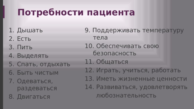 Потребности пациента Дышать Есть Пить Выделять Спать, отдыхать Быть чистым Одеваться, раздеваться Двигаться 9. Поддерживать температуру тела 10. Обеспечивать свою безопасность 11. Общаться 12. Играть, учиться, работать 13. Иметь жизненные ценности 14. Развиваться, удовлетворять  любознательность 