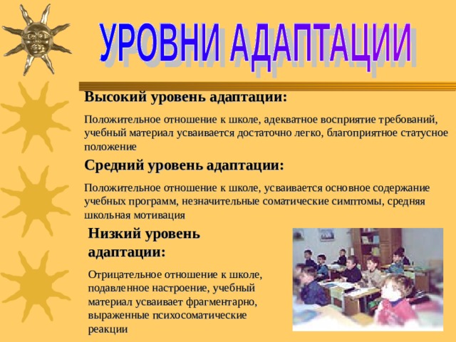 Высокий уровень адаптации: Положительное отношение к школе, адекватное восприятие требований, учебный материал усваивается достаточно легко, благоприятное статусное положение Средний уровень адаптации: Положительное отношение к школе, усваивается основное содержание учебных программ, незначительные соматические симптомы, средняя школьная мотивация Низкий уровень адаптации: Отрицательное отношение к школе, подавленное настроение, учебный материал усваивает фрагментарно, выраженные психосоматические реакции 