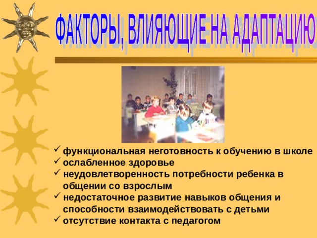 функциональная неготовность к обучению в школе  ослабленное здоровье неудовлетворенность потребности ребенка в общении со взрослым недостаточное развитие навыков общения и способности взаимодействовать с детьми отсутствие контакта с педагогом    