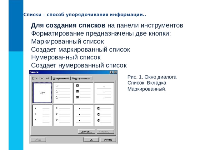 Списки – способ упорядочивания информации.. Для создания списков  на панели инструментов Форматирование предназначены две кнопки:  Маркированный список  Создает маркированный список Нумерованный список  Создает нумерованный список Рис. 1. Окно диалога Список. Вкладка Маркированный. 