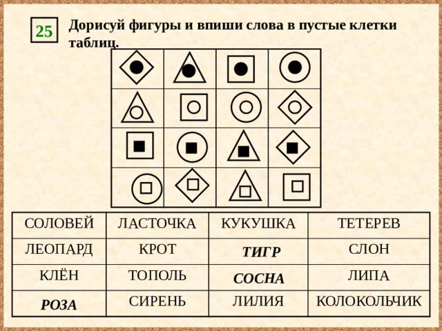 Нарисуй фигуры в пустых клетках ряда и в пустых клетках таблицы по похожему правилу заполни