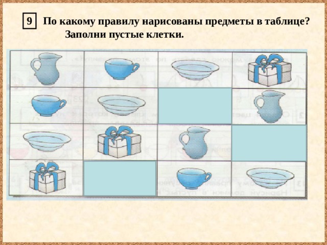  9 По какому правилу нарисованы предметы в таблице? Заполни пустые клетки. 