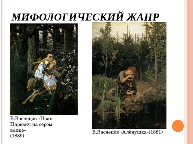 Мифологический жанр В.Васнецов «Иван Царевич на сером волке» (1889) В.Васнецов «Алёнушка»(1881) 