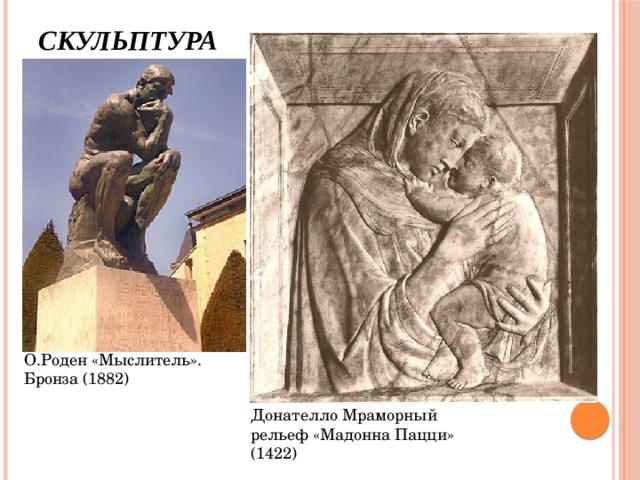 Скульптура О.Роден «Мыслитель». Бронза (1882) Донателло Мраморный рельеф «Мадонна Пацци» (1422) 