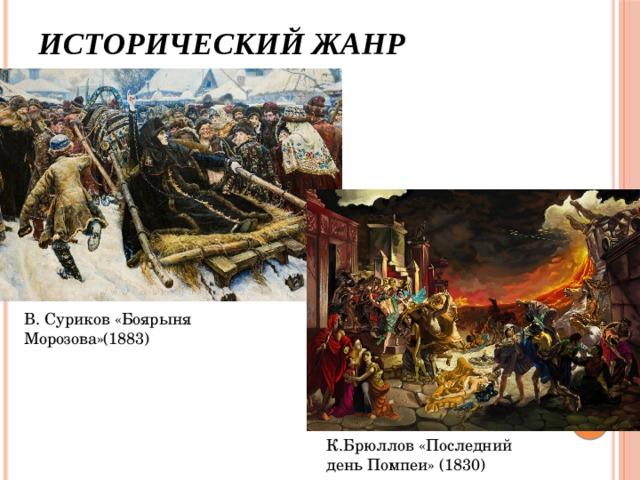 Исторический жанр В. Суриков «Боярыня Морозова»(1883) К.Брюллов «Последний день Помпеи» (1830) 