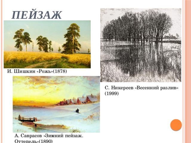 Пейзаж И. Шишкин «Рожь»(1878) С. Никереев «Весенний разлив» (1999) А. Саврасов «Зимний пейзаж. Оттепель»(1890) 