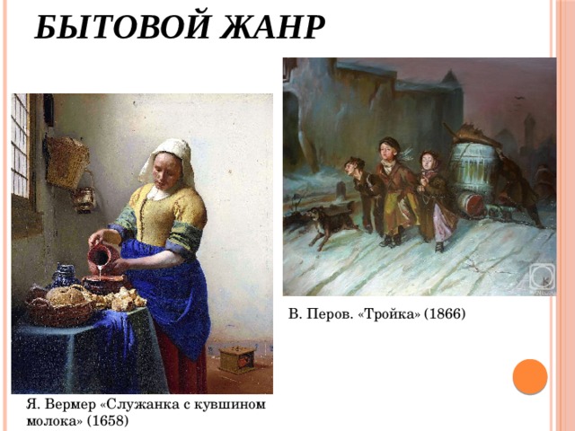 Я. Вермер «Служанка с кувшином молока» (1658) Бытовой жанр В. Перов. «Тройка» (1866) 
