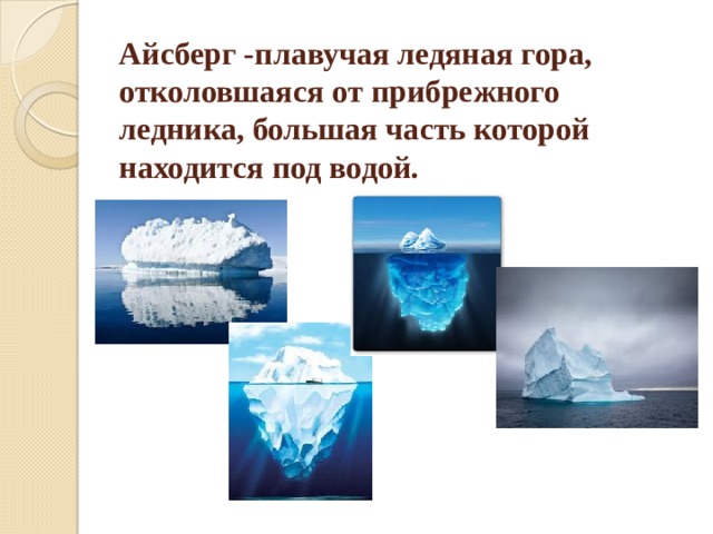 Айсберг -плавучая ледяная гора, отколовшаяся от прибрежного ледника, большая часть которой находится под водой.  