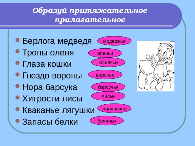 Образуй притяжательное прилагательное Берлога медведя Тропы оленя Глаза кошки Гнездо вороны Нора барсука Хитрости лисы Кваканье лягушки Запасы белки медвежья оленьи кошачьи воронье барсучья лисьи лягушачье беличьи 