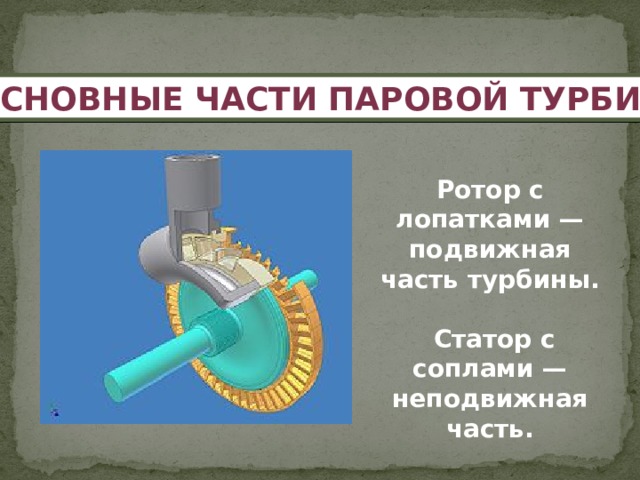Основные части Паровой турбины Ротор с лопатками — подвижная часть турбины.   Статор с соплами — неподвижная часть. 